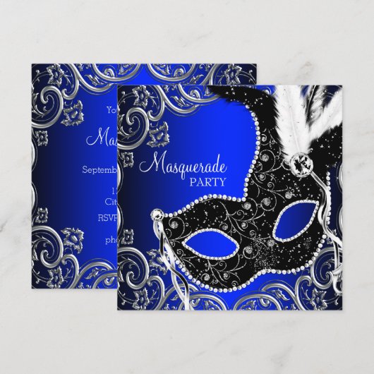 Black Mask Royal Blue Masquerade Party Kaart (Voorkant / Achterkant)