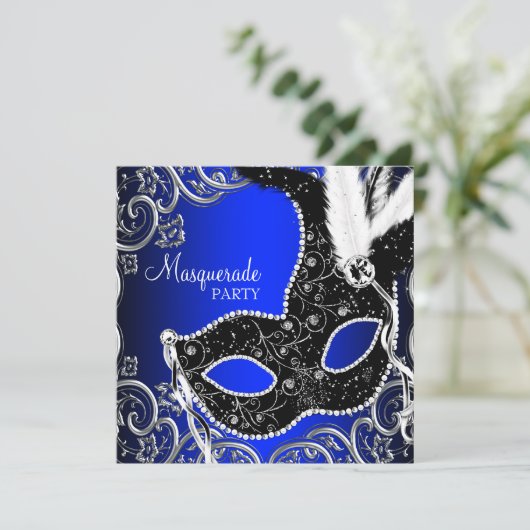 Black Mask Royal Blue Masquerade Party Kaart (Staand voorkant)