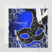 Black Mask Royal Blue Masquerade Party Kaart (Voorkant)