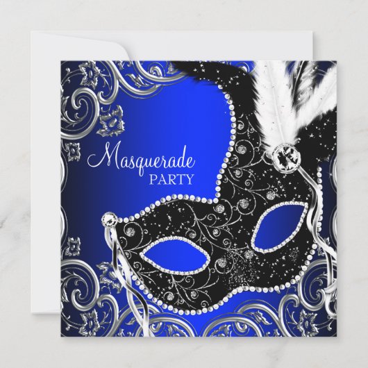 Black Mask Royal Blue Masquerade Party Kaart (Voorkant)