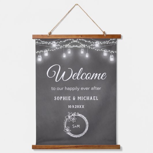 Black Mason Jar Wedding Welcome Rustic Hangend Wandkleed (Voorkant)