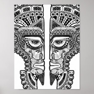 Black Mayan Twins Mask op White Poster