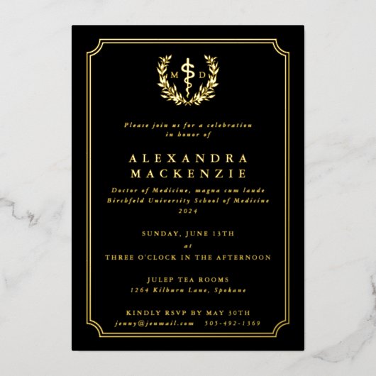 Black MD Asclepius + Laurel Wreated Afstuderen Folie Uitnodiging (Voorkant)