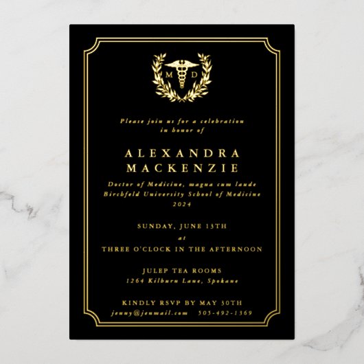 Black MD Caduceus+Laurel Wreated Afstuderen Folie Uitnodiging (Voorkant)