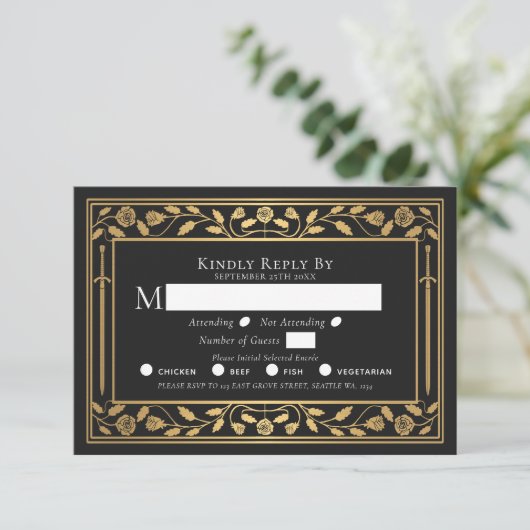 Black Medieval Sword Wedding RSVP Enclosure Kaart (Staand voorkant)