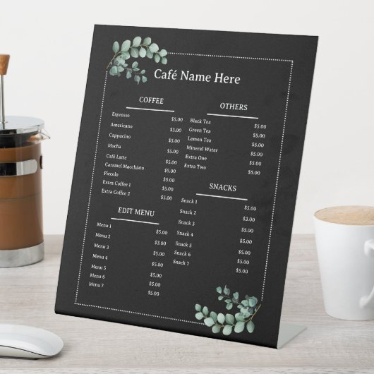 Black | Menu Eucalyptus Minimale café-koffiewinkel Reclamebord Met Voetstuk (Insitu)