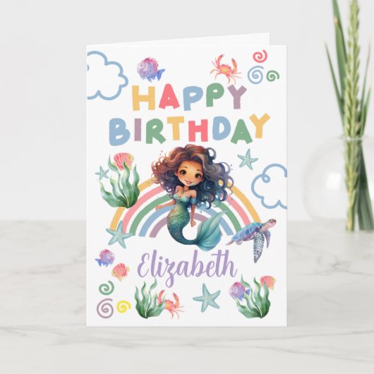 Black Mermaid Birthday Card in White Kaart (Voorkant)
