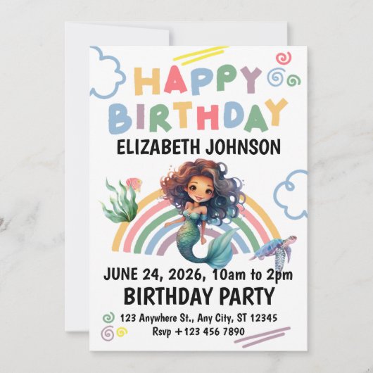 Black Mermaid Birthday Invitation in White Kaart (Voorkant)