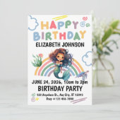 Black Mermaid Birthday Invitation in White Kaart (Staand voorkant)