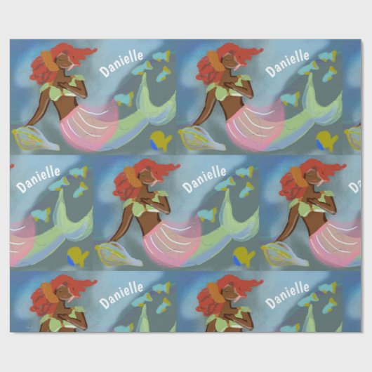 Black Mermaid Personalized Name Pattern Cadeaupapier (Vlak)