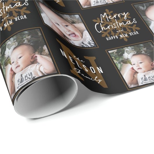 Black Merry Christmas Calligraphy Family 2 photo Cadeaupapier (Rol Hoek)