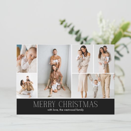 BLACK Merry Christmas CHIC 9 Collage Multi-Photo Feestdagenkaart (Staand voorkant)