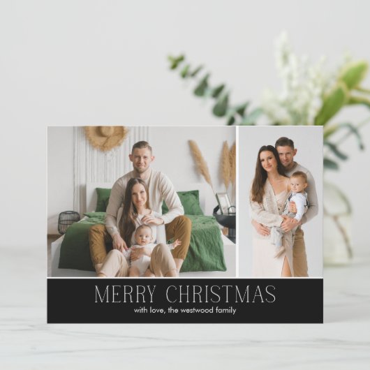 BLACK MERRY Christmas Elegant 2 Photo message Feestdagenkaart (Staand voorkant)