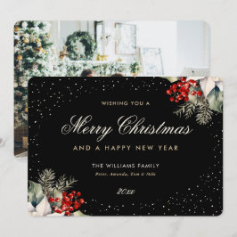 Black Merry Christmas Happy New Year Photo Feestdagenkaart