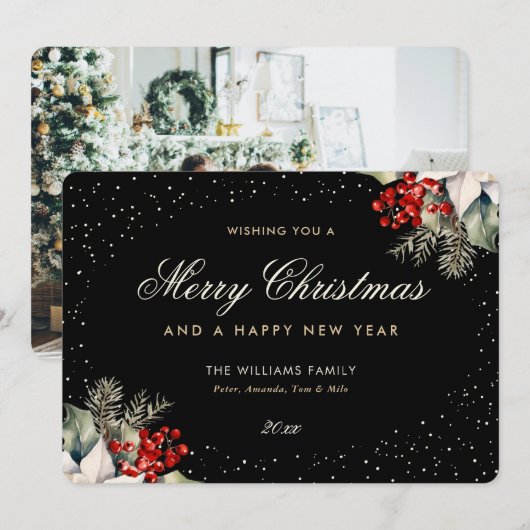Black Merry Christmas Happy New Year Photo Feestdagenkaart (Voorkant / Achterkant)