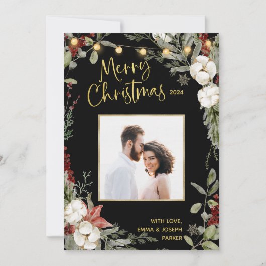 Black Merry Christmas | Winter bloemen en foto's Feestdagenkaart (Voorkant)