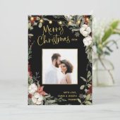 Black Merry Christmas | Winter bloemen en foto's Feestdagenkaart (Staand voorkant)