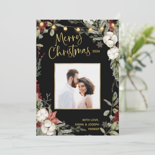 Black Merry Christmas | Winter bloemen en foto's Feestdagenkaart (Staand voorkant)