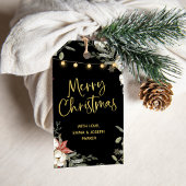 Black Merry Christmas | Winter bloemen en goud Cadeaulabel