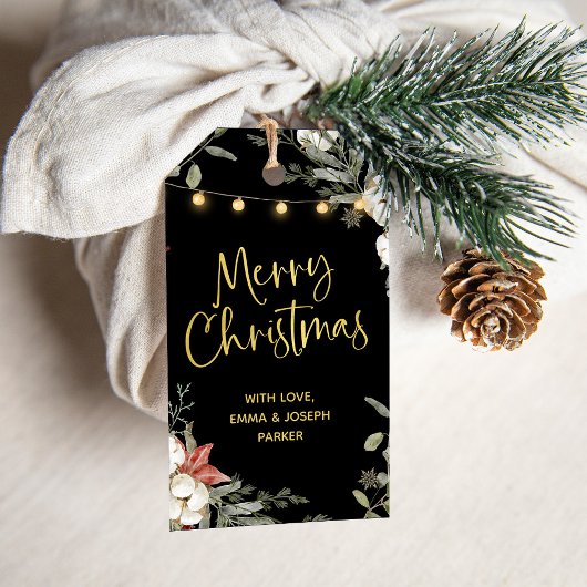 Black Merry Christmas | Winter bloemen en goud Cadeaulabel