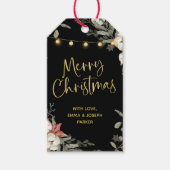 Black Merry Christmas | Winter bloemen en goud Cadeaulabel (Voorkant)