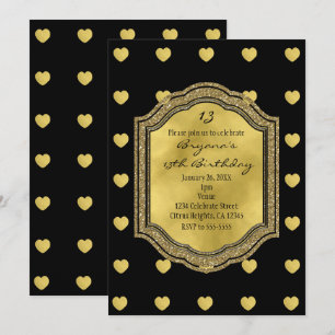 Black met Gold Hearts Birthday Party-uitnodigingen Kaart