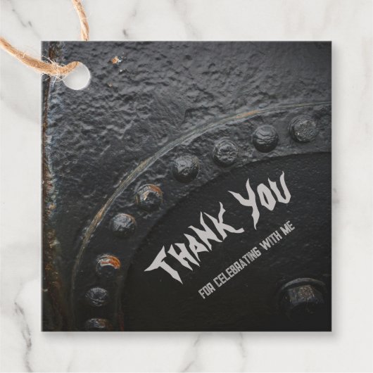 Black metal loft-stijl man's party bedankjes labels (Voorkant)