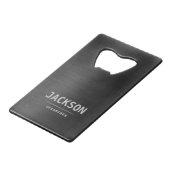 Black Metal Modern Simple Personalized Groomsmen Creditkaart Flessenopener (Voorkant Gekanteld)