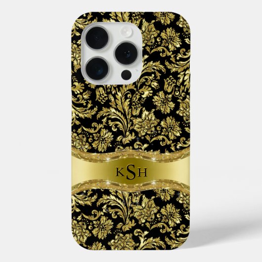 Black & Metallic Gold Floral Damasgeborsteld Case-Mate iPhone Case (Achterkant)