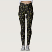 Black Metallic Gold Treble Clef Musical Leggings (Voorkant)