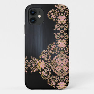 Black Metallic Pink Glitter Damask iPhone 11 Hoesje