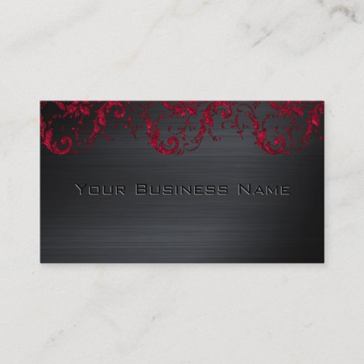 Black Metallic Red Damask Elegant Corporate Visitekaartje (Voorkant)