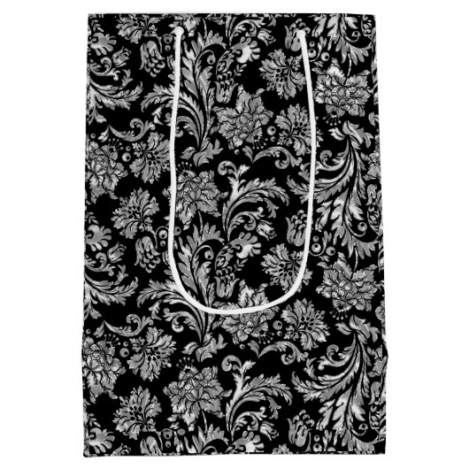 Black & Metallic Silver Floral Damaskers Medium Cadeauzakje (Achterkant)