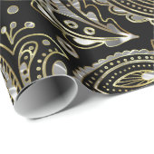 Black & Metallic Silver & Gold Floral Paisley Cadeaupapier (Rol Hoek)
