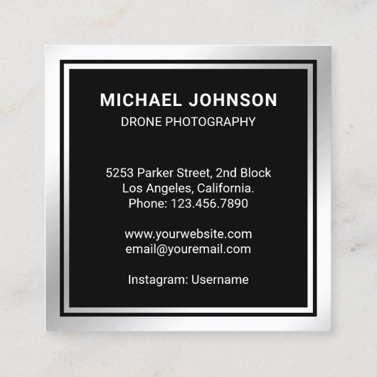 Black Metallic Steel Modern Drone Fotografie Vierkante Visitekaartje (Achterkant)
