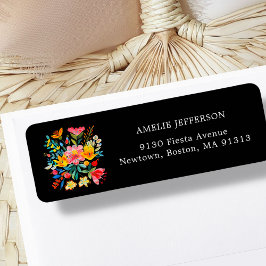Black Mexican Bright Floral Fiesta Adres Etiket