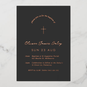 Black Minimal Baptism Christening Cross Uitnodigin Folie Uitnodiging