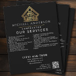 Black Minimal Home Building Construction QR Code Flyer<br><div class="desc">A simple and minimalist business flyer features your name, title, services, and a QR Code. These Luxury aesthetic business flyers are attention-grabbing, with a unique modern design, while presenting a refined high-end feel. Great for private or commercial contractors of various fields. The face of the cards features white text colors,...</div>