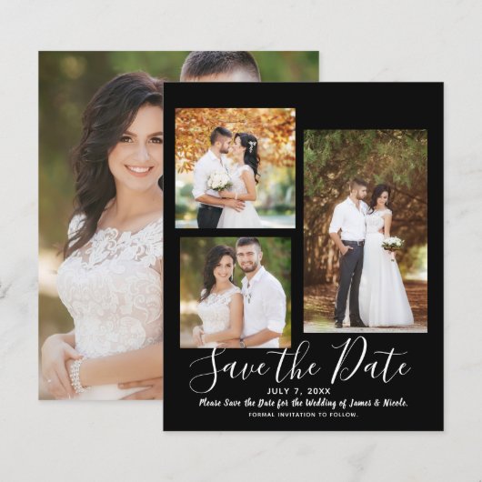 Black Minimal Modern Wedding Photo Save the Date (Voorkant / Achterkant)