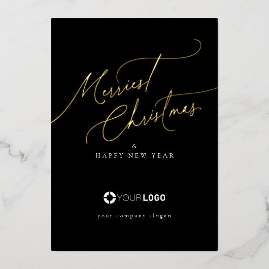 Black Minimal Script Merriest Christmas Company Folie Feestdagenkaart (Voorkant)