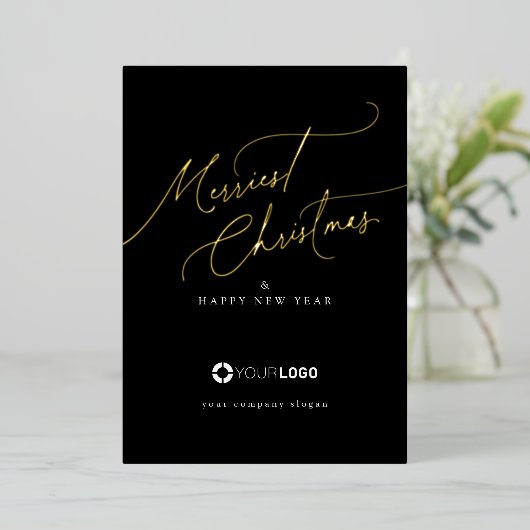 Black Minimal Script Merriest Christmas Company Folie Feestdagenkaart (Staand Voorkant)