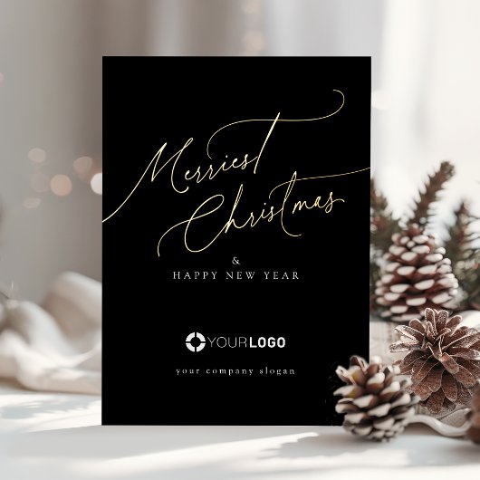 Black Minimal Script Merriest Christmas Company Folie Feestdagenkaart