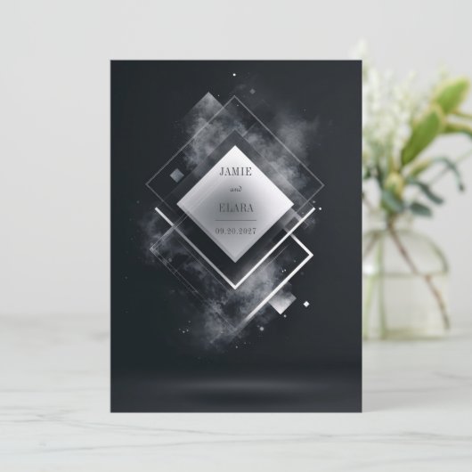 Black Minimal Smoky Geometric Wedding Invitation Kaart (Staand voorkant)