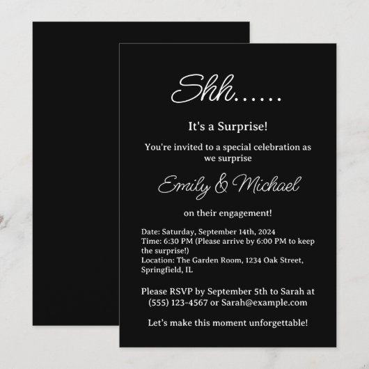 Black Minimal Surprise Engagement Party Kaart (Voorkant / Achterkant)