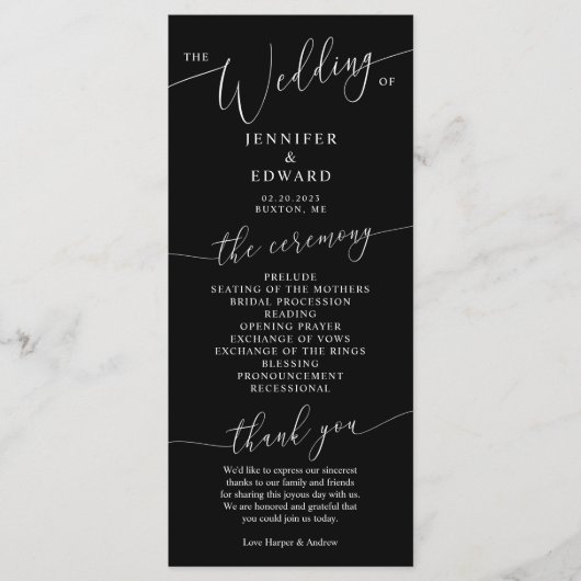 Black Minimal Wedding Ceremony Program Programmakaart (Voorkant)