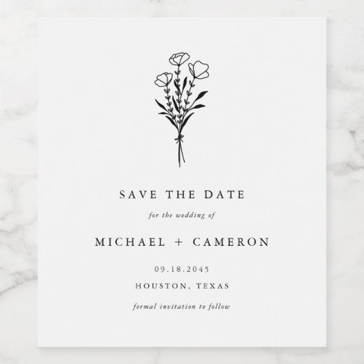 Black Minimalist Botanical Bewaar de datum Wijn Etiket (Enkel label)