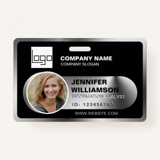 Black Minimalist Business QR Employee Photo ID Badge (Voorkant)