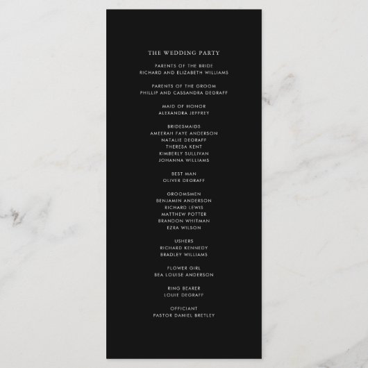 Black minimalist Dainty Script Wedding Ceremonony Programmakaart (Achterkant)