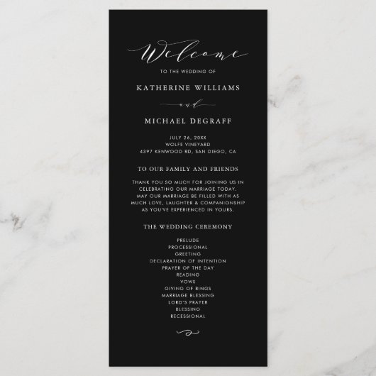 Black minimalist Dainty Script Wedding Ceremonony Programmakaart (Voorkant)