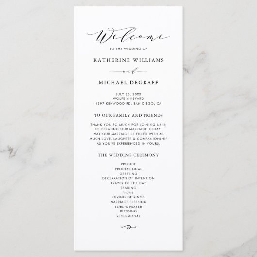 Black minimalist Dainty Script Wedding Ceremonony Programmakaart (Voorkant)
